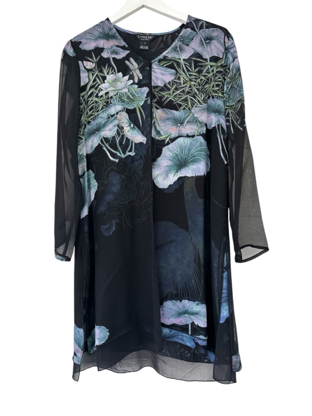 Citron • Silk Blend Sheer Layered Cardigan Tunic Top Heron Bird Water Lily Print